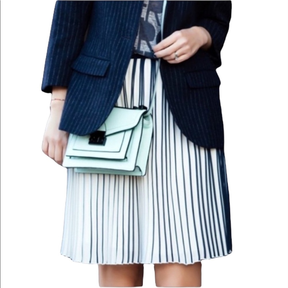 J. Crew White Pleated A-Line Skirt with Navy Stripes